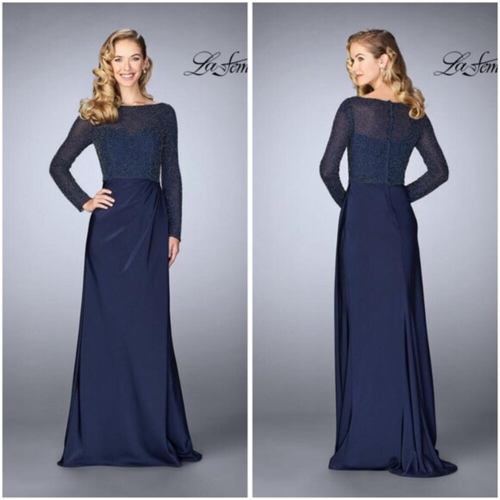 La Femme Mother of the Bride Beaded Navy Blue Dress Long Gown 24895 Size 14 NWT